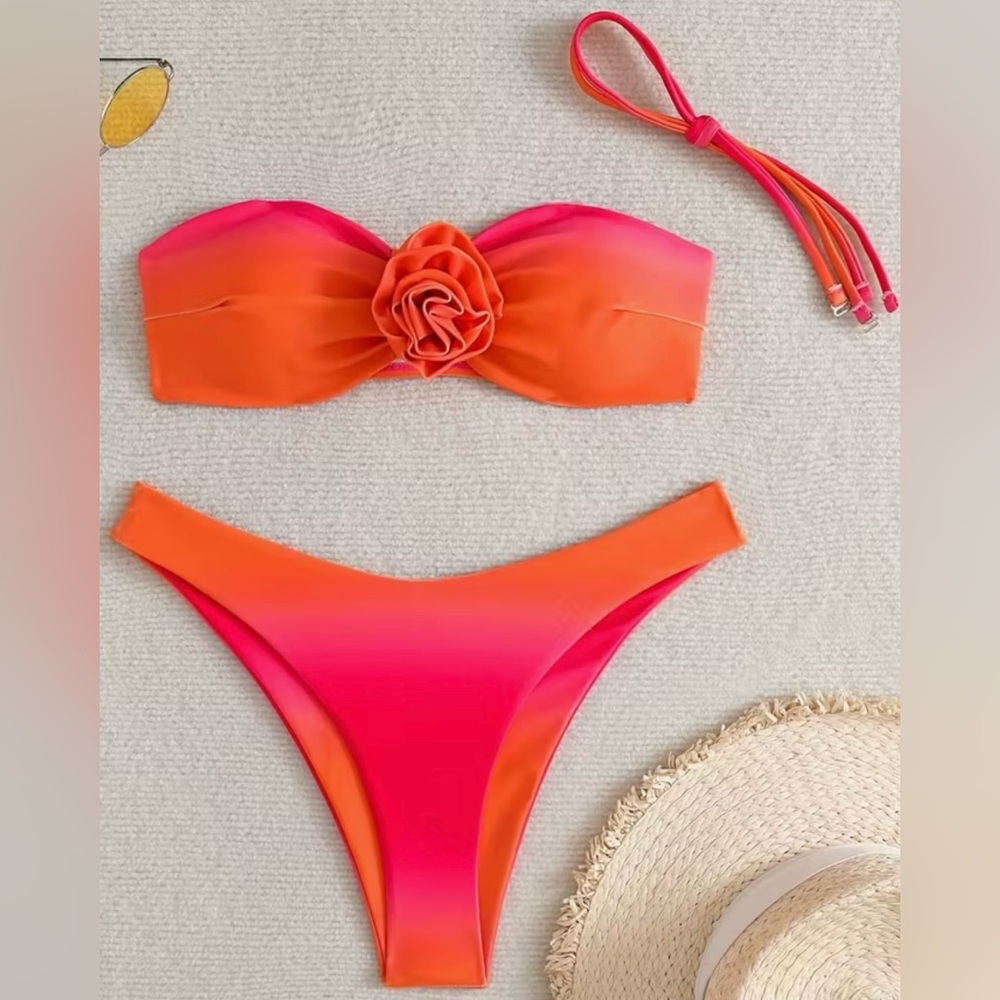 Orange Pink Ombré Bandeau High Cut Bikini Set
